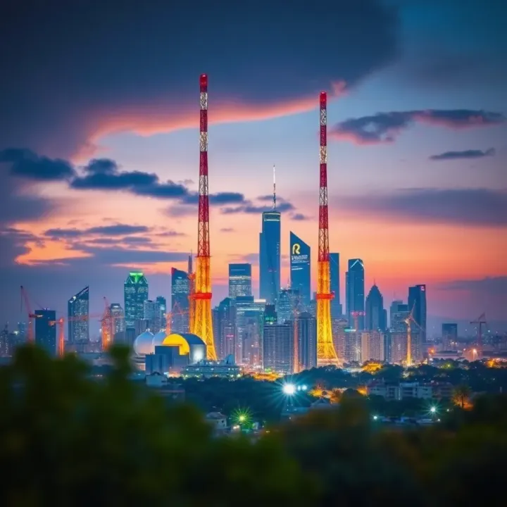 A futuristic city skyline showcasing digital connectivity and energy infrastructure symbolizing Reliance Industries’ growth sectors