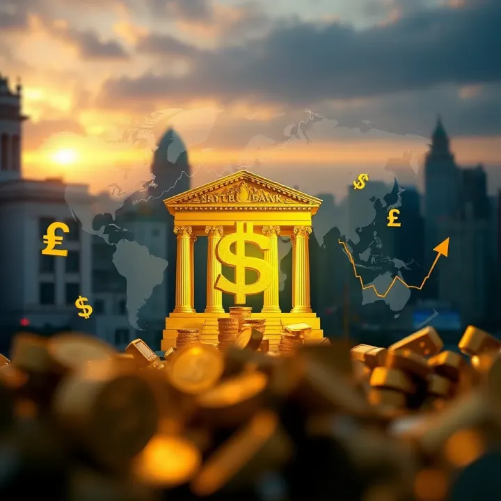Illustration of global factors like currency symbols, central bank buildings, and geopolitical maps influencing gold prices