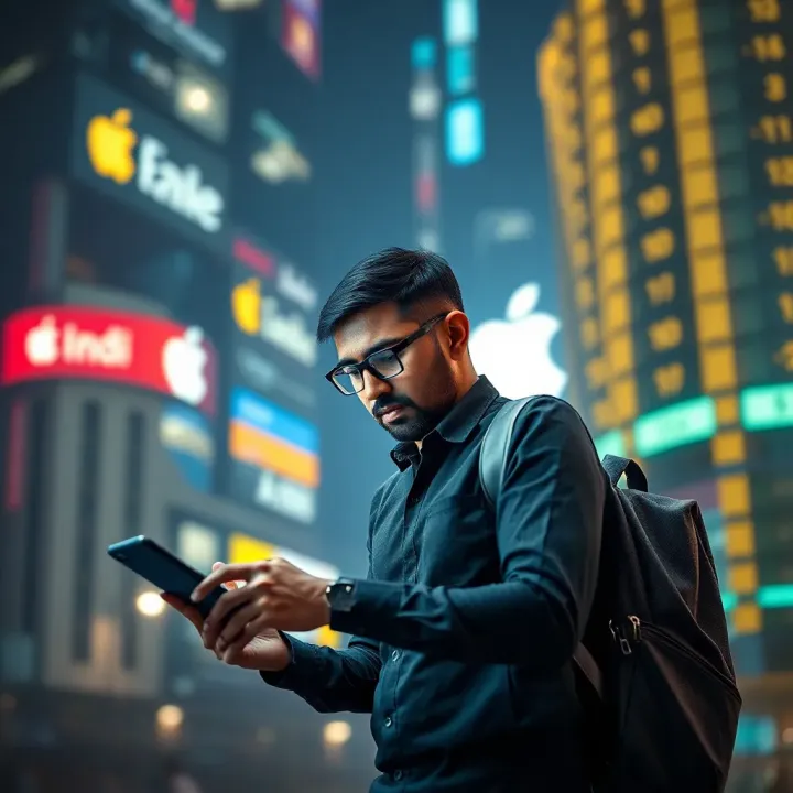 Investing in Apple Shares from India Illustration of Indian investor using digital platform to buy Apple shares