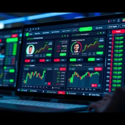 Graphical representation of IQ Option copy trading platform interface with trader profiles and performance charts