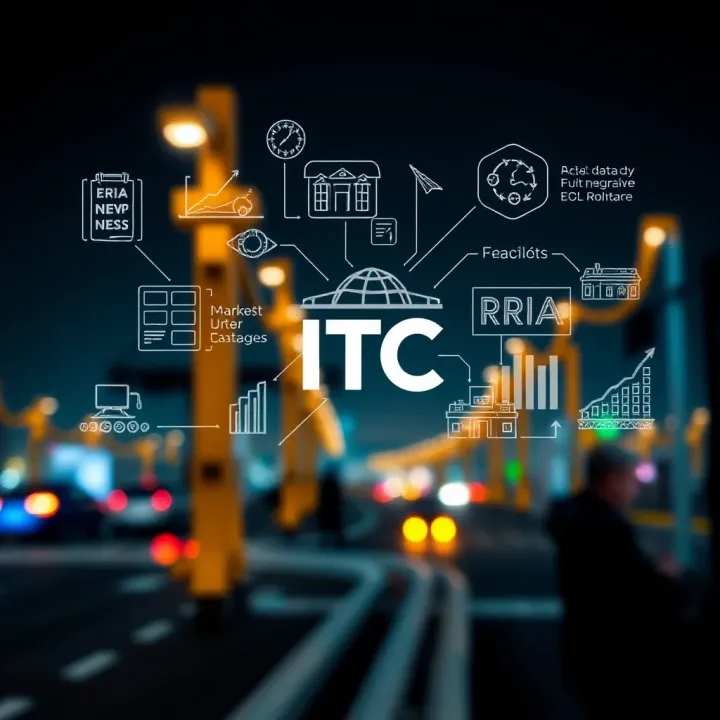 Illustration of business strategy icons with market drivers and economic factors influencing ITC's future