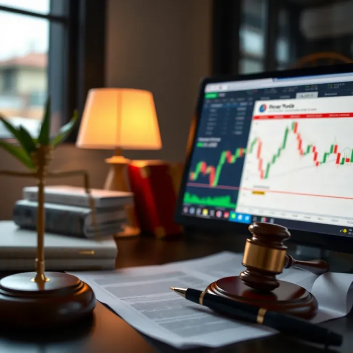 Illustration of legal documents and a computer screen with binary trading platform interface