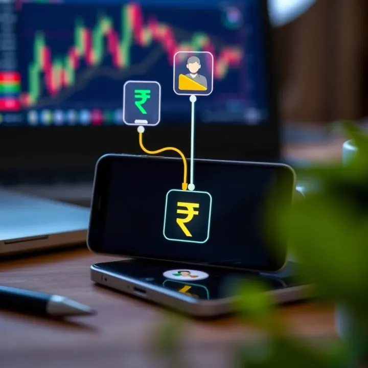 Graphic depicting online fund transfer icons connected to a mobile device with Indian Rupee symbol, representing account funding and withdrawals