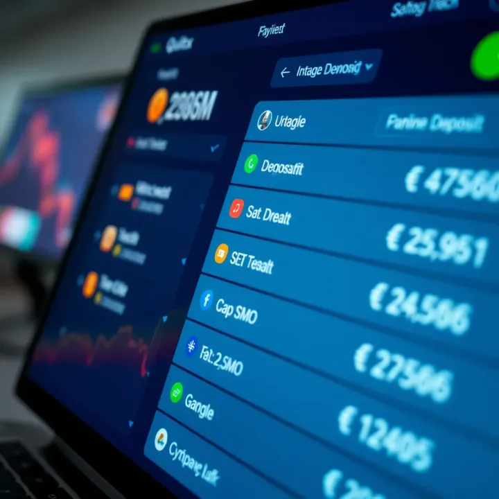 Close-up view of a digital financial platform displaying deposit options and currency symbols