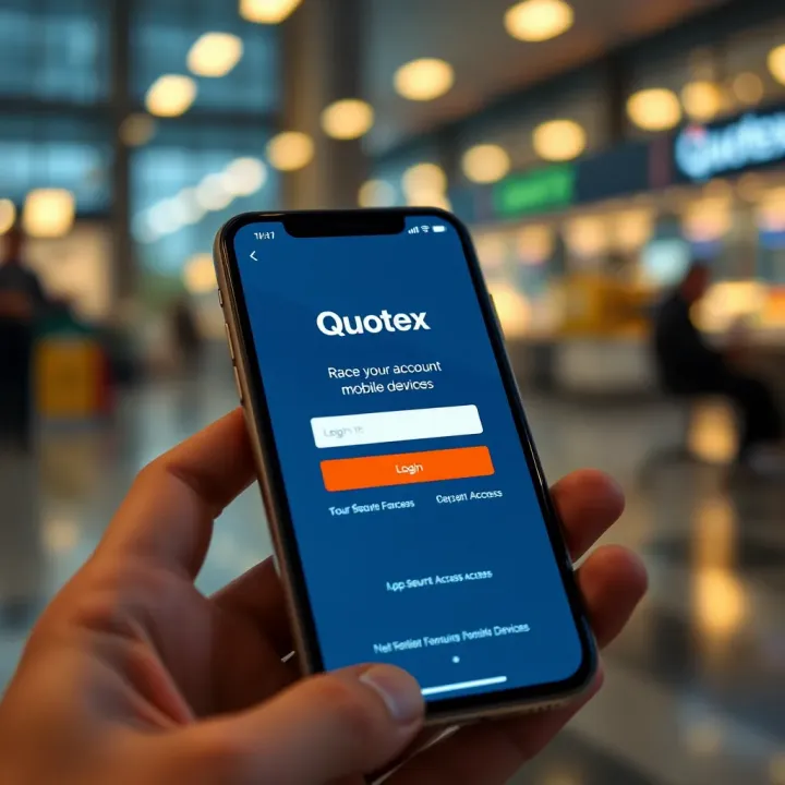 Mobile phone displaying Quotex application login page with secure access features