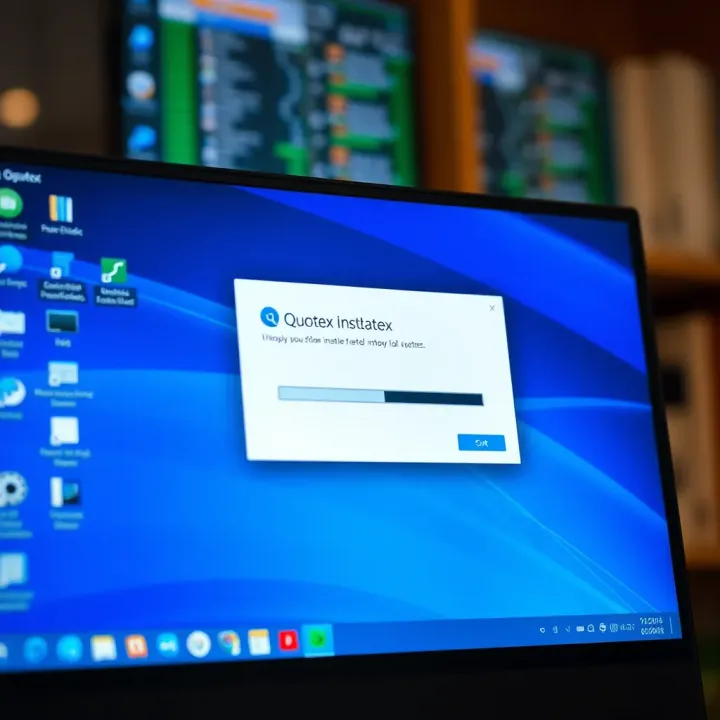 Computer desktop showing Quotex installation window with progress bar
