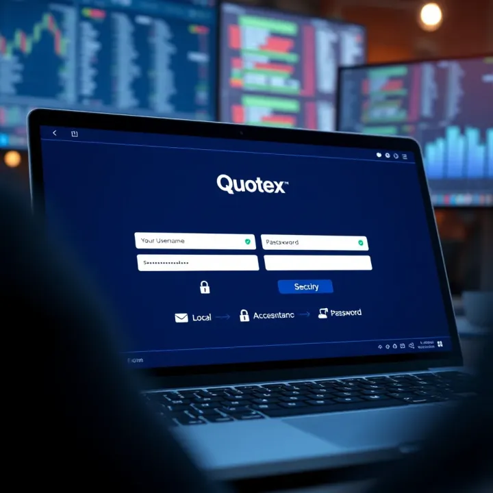 Login screen of Quotex platform showing fields for username and password with security icons
