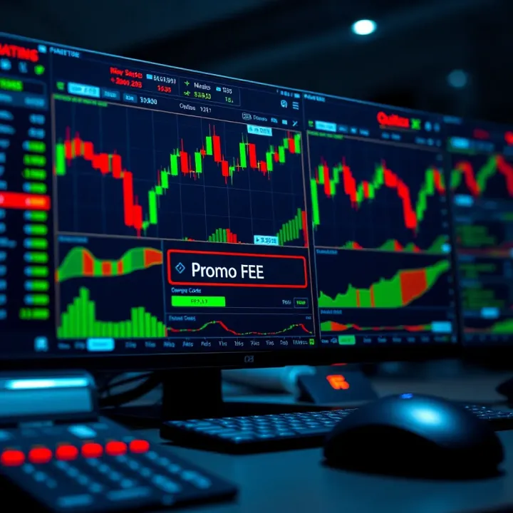 Illustration depicting a digital trading platform displaying various binary options charts and a highlighted promo code input field