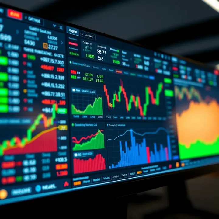 Dashboard interface displaying various trading options and market charts on QXBroker platform