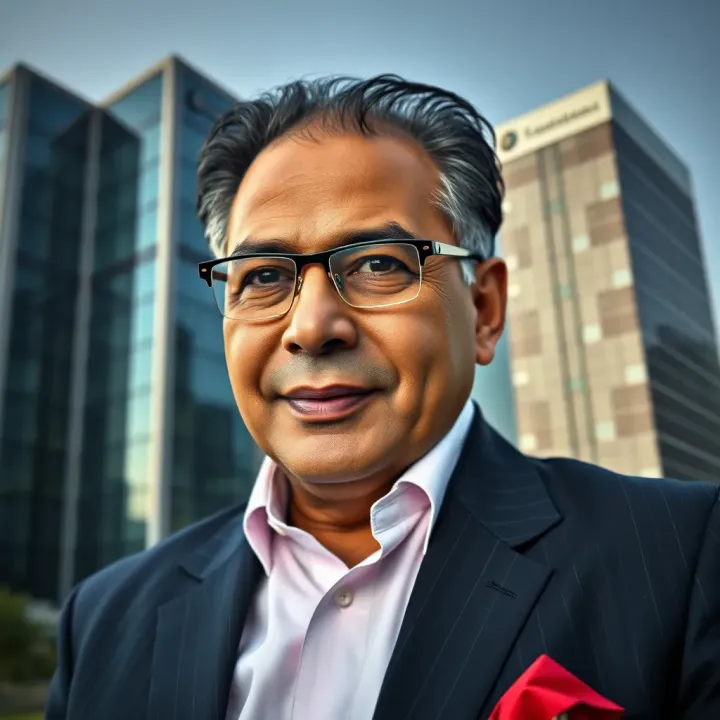 Portrait of Ravi Jaipuria with business buildings in the background representing his corporate influence