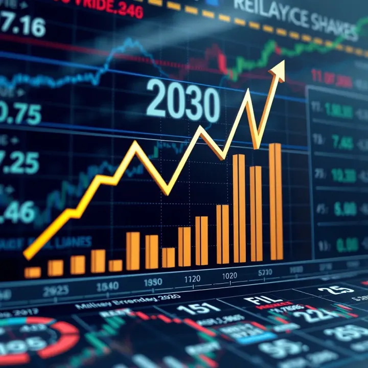 Projected Growth Trend of Reliance Shares Graph showing upward trend in stock price with financial data and market analysis symbols