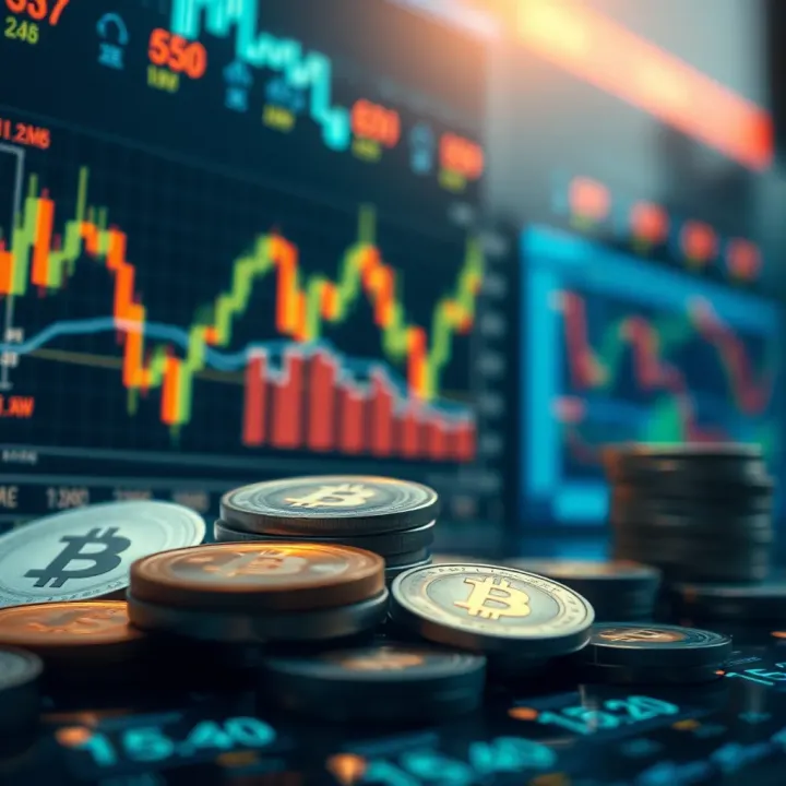 Abstract representation of trading strategies with charts, currencies, and financial icons