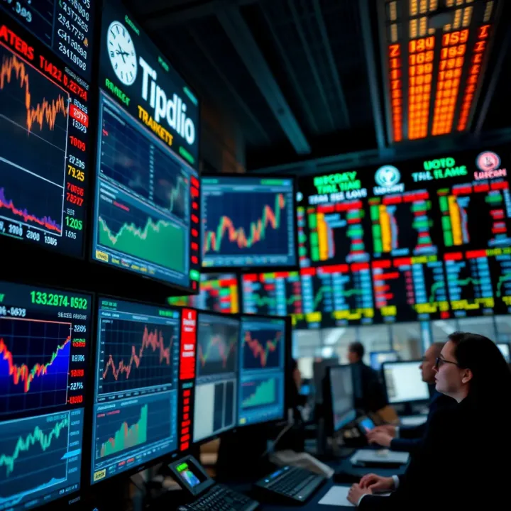 A dynamic stock market trading floor with multiple digital screens displaying real-time charts and data