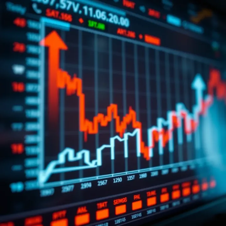 Digital graph displaying binary trade options with upward and downward arrows illustrating market predictions