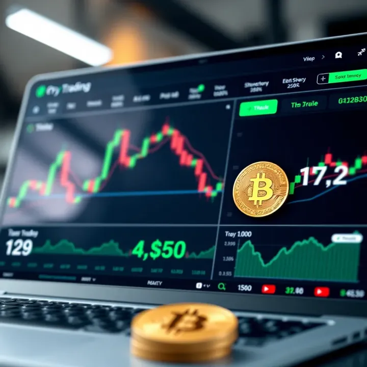 User interface of a demo crypto trading platform showing virtual cryptocurrency portfolio and trading options