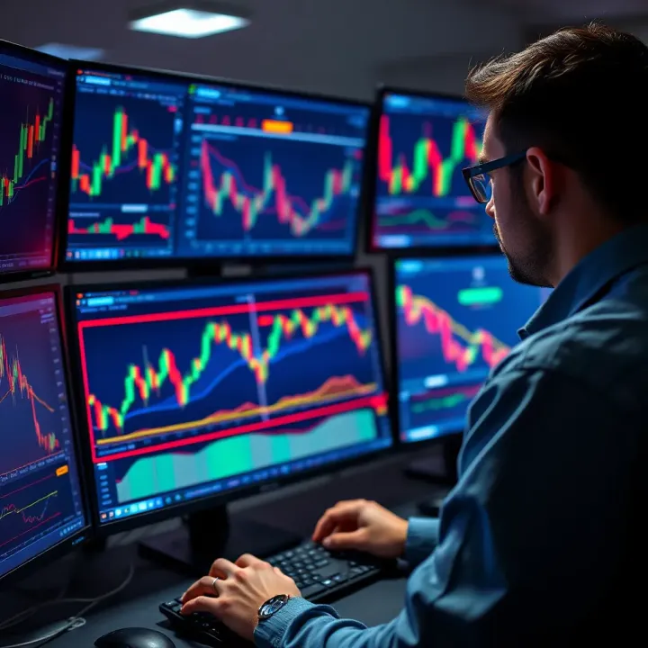 Trader analyzing forex charts on multiple computer screens with demo account interface