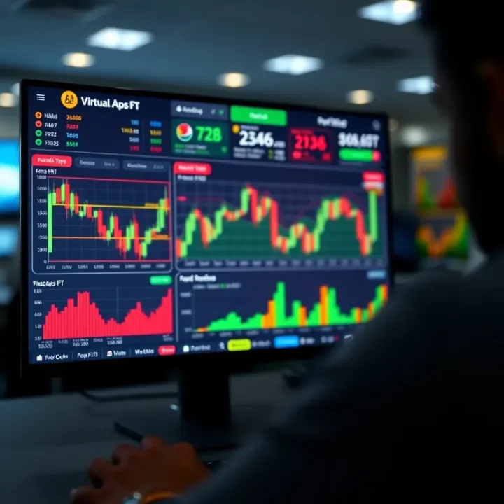 Virtual trading platform interface showing stock charts and portfolio performance