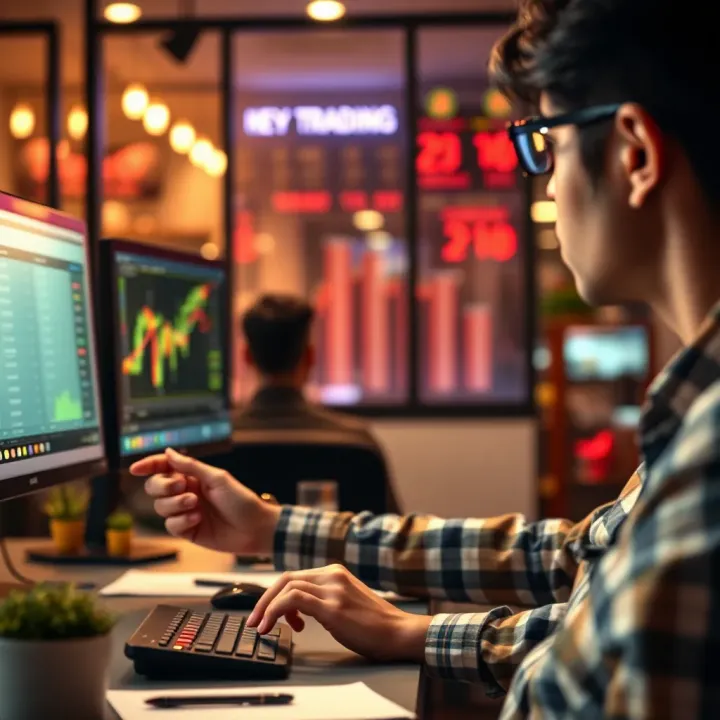 Illustration of Indian investor using computer to practice trading with virtual funds