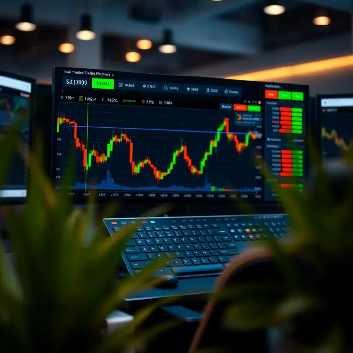 Virtual trading platform interface showing charts and simulated investment portfolio