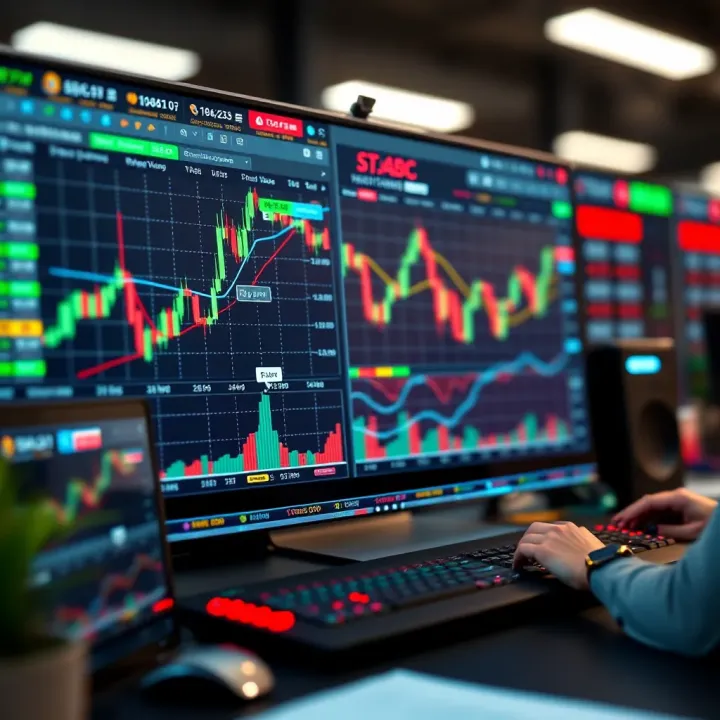 Virtual trading platform interface showing market charts and trading options