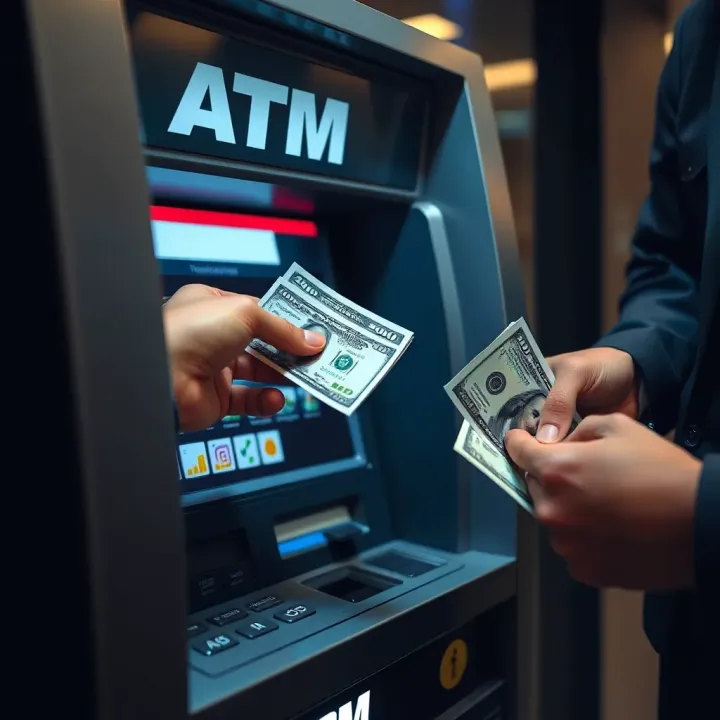 User withdrawing cash from an ATM with secure authentication