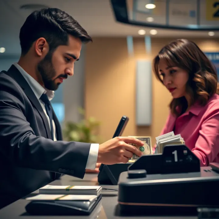 Bank teller assisting with cash deposit at a bank counter