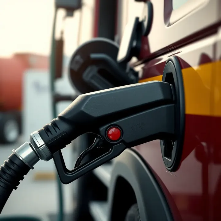 Close-up view of diesel fuel being dispensed into a commercial vehicle's tank at a fuel station