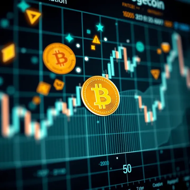 Chart showing Dogecoin price trends with cryptocurrency symbols and digital network background