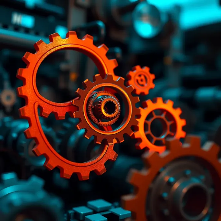 Illustration of interconnected gears symbolizing policy reforms, technology, and demographics driving India's economy