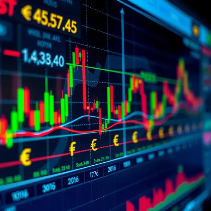 Graphical chart showing financial data trends with currency symbols overlay