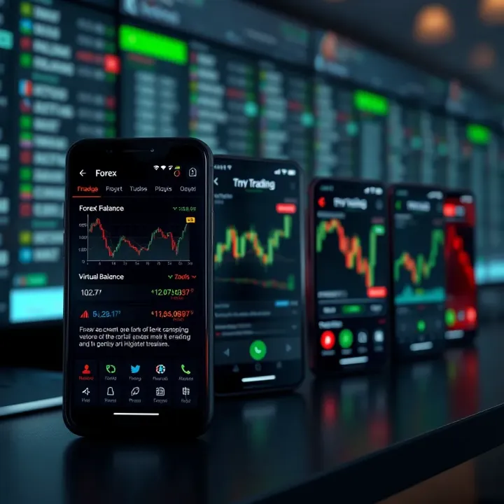 Illustration of mobile device screens displaying forex app demo features such as virtual balance and trading tools