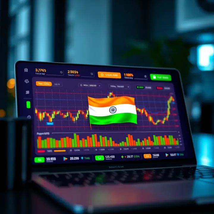 Conceptual graphic showing a digital trading platform interface with Indian flag elements