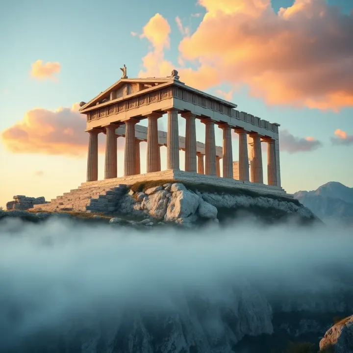 Mountaintop Temple Symbolizing Olymp's Mythological Significance Ancient Greek mountaintop with temple ruins representing the mythological home of the gods
