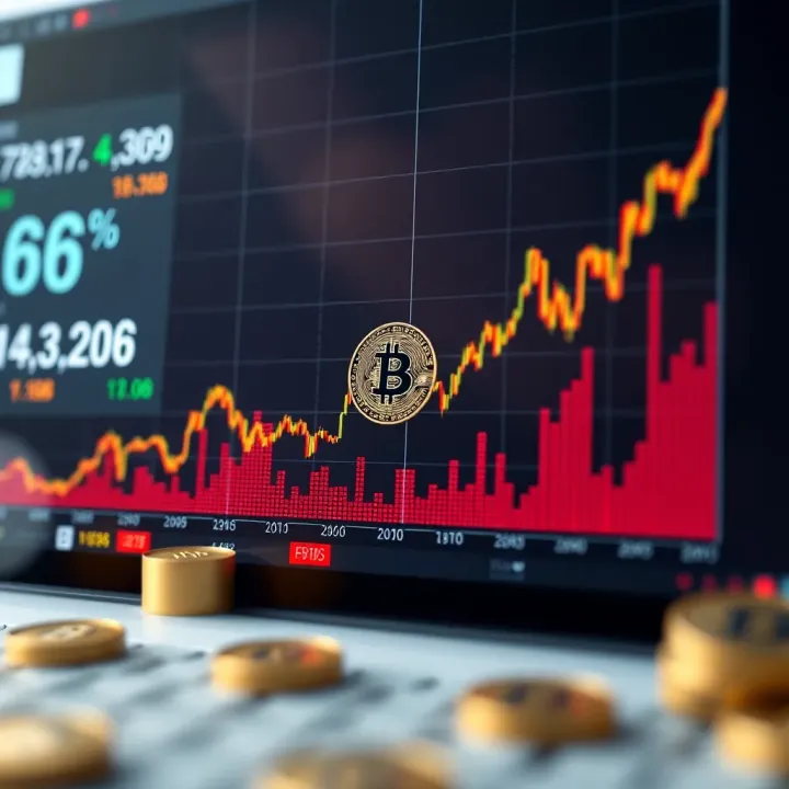 Graph showing fluctuating Bitcoin price trends over time with a digital currency theme