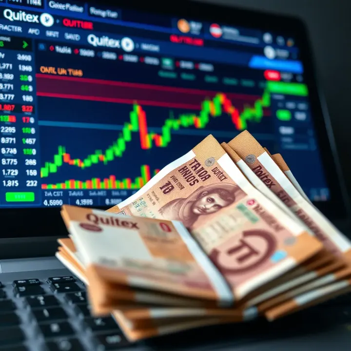 Illustration showing Indian Rupee currency notes alongside a computer screen displaying the Quotex trading platform interface