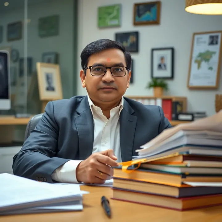 Portrait of Rakesh Bansal in professional setting with books and documents