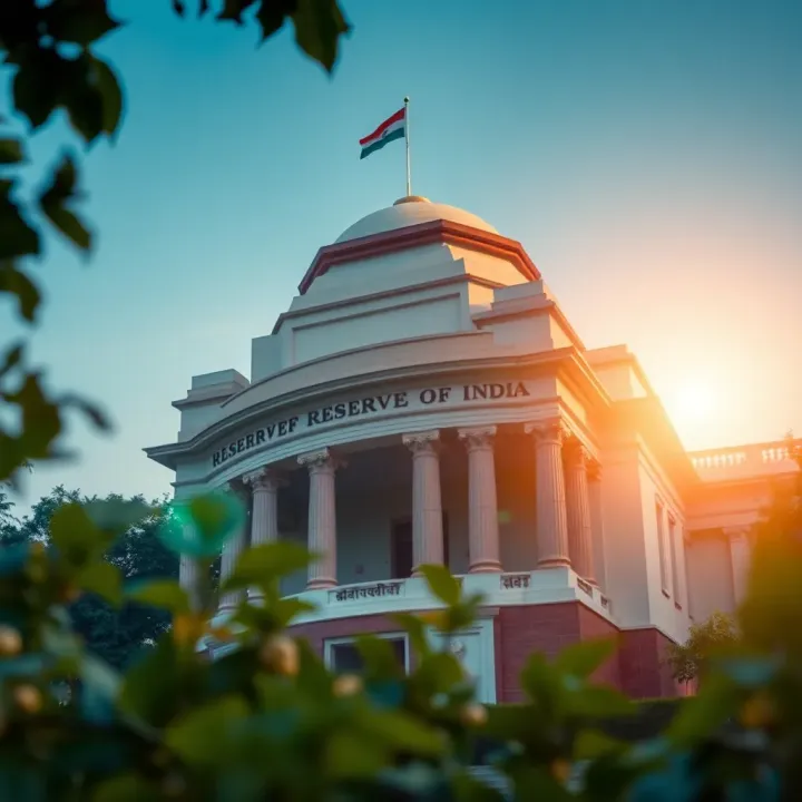 Graphic showing the Reserve Bank of India building with forex currency symbols around it