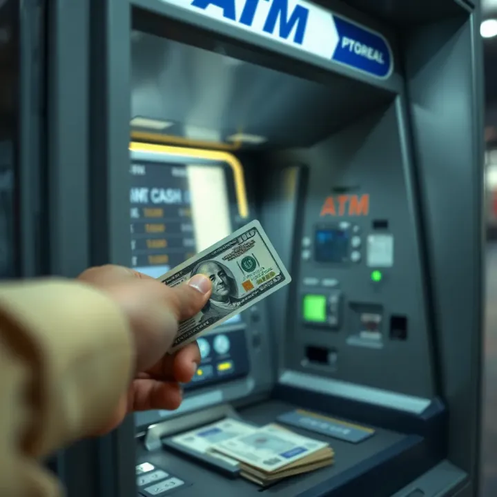 ATM machine dispensing cash with a user card inserted