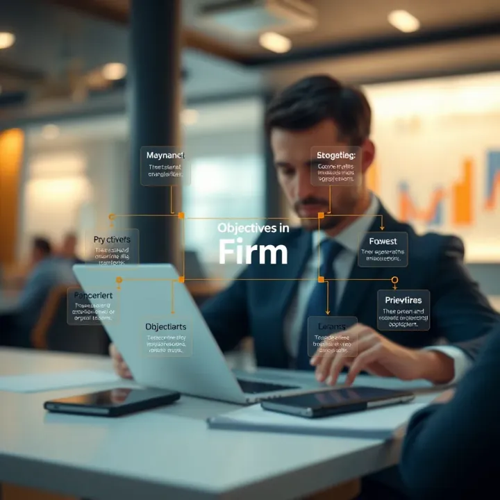 Diagram illustrating the key characteristics and objectives of a firm in economics