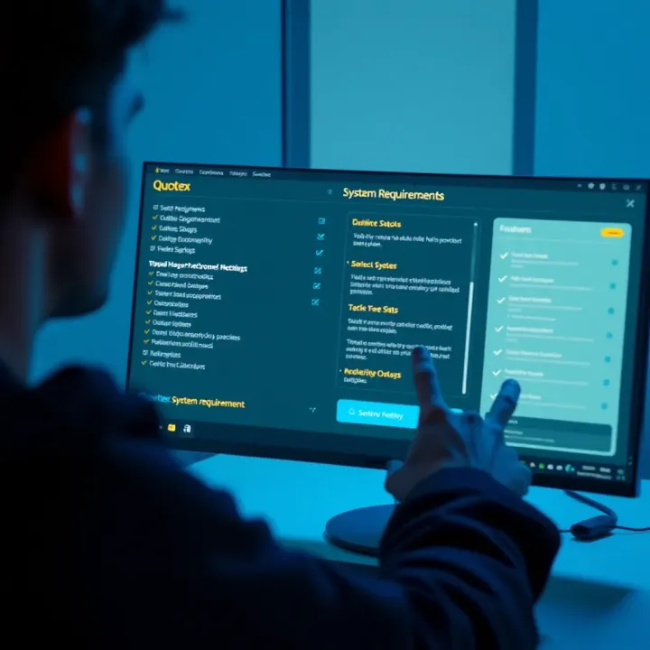 User navigating Quotex software on desktop with system requirements checklist visible